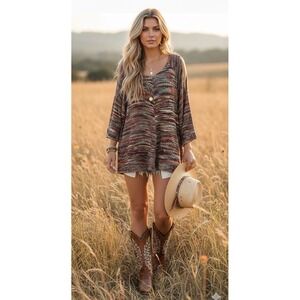 Faded Glory Multi-Color Space Dye Cold‎ Shoulder Knit Tunic Top Size 1X 16W Boho